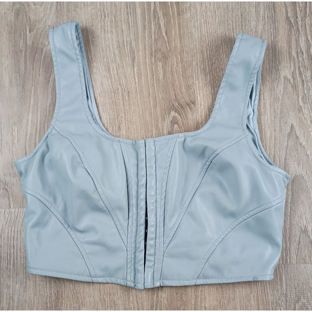 Blashe Corset Crop Top Blue Medium Hook Eye Front Closure Pleather Lined